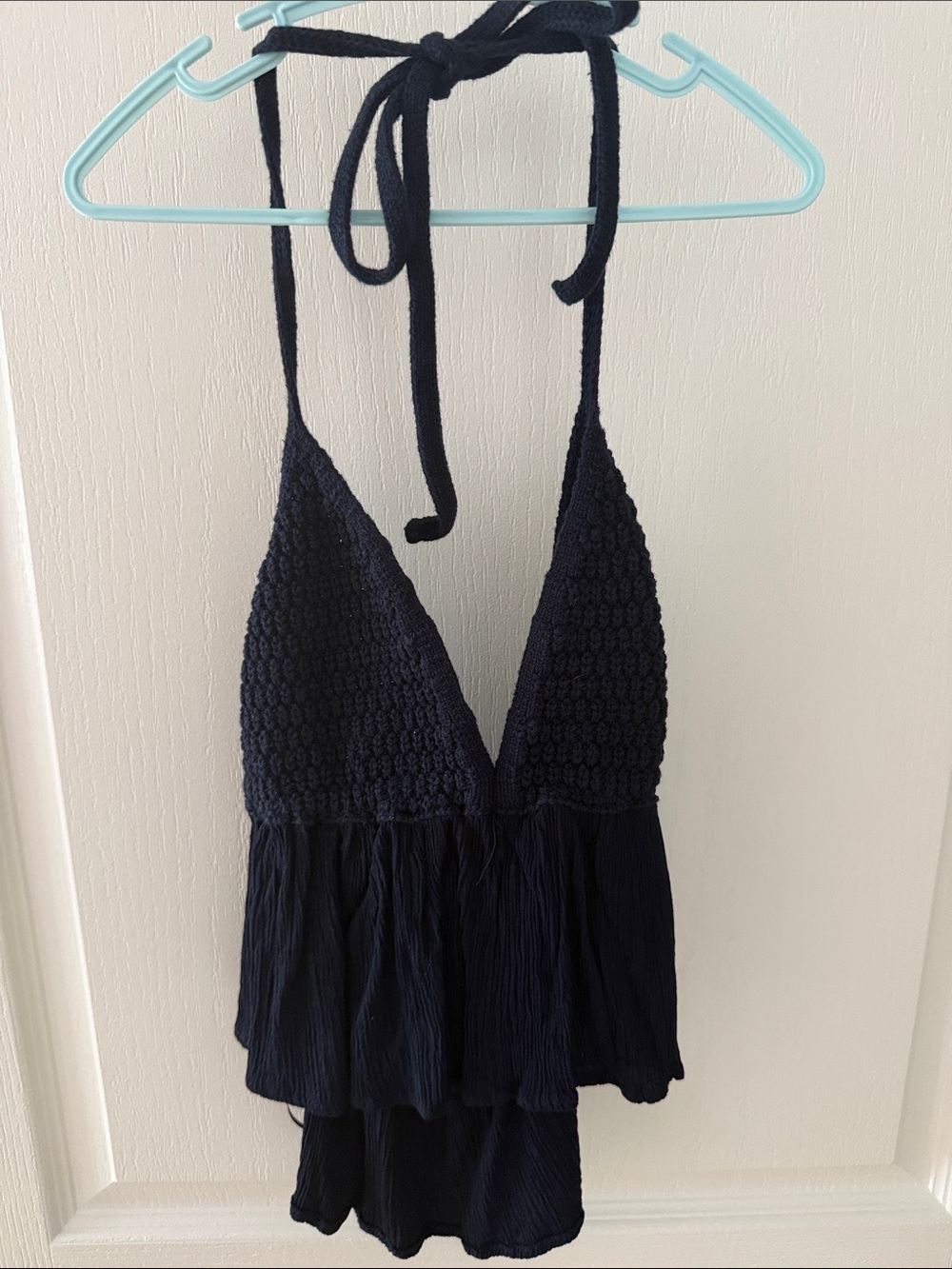 Garage Navy Crochet Halter Tiered Women's Top